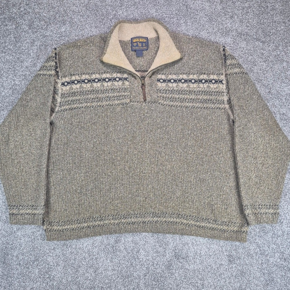 Vintage Woolrich Fair Isle Sweater Mens XL Brown 1/4 Zip Knit Made in USA